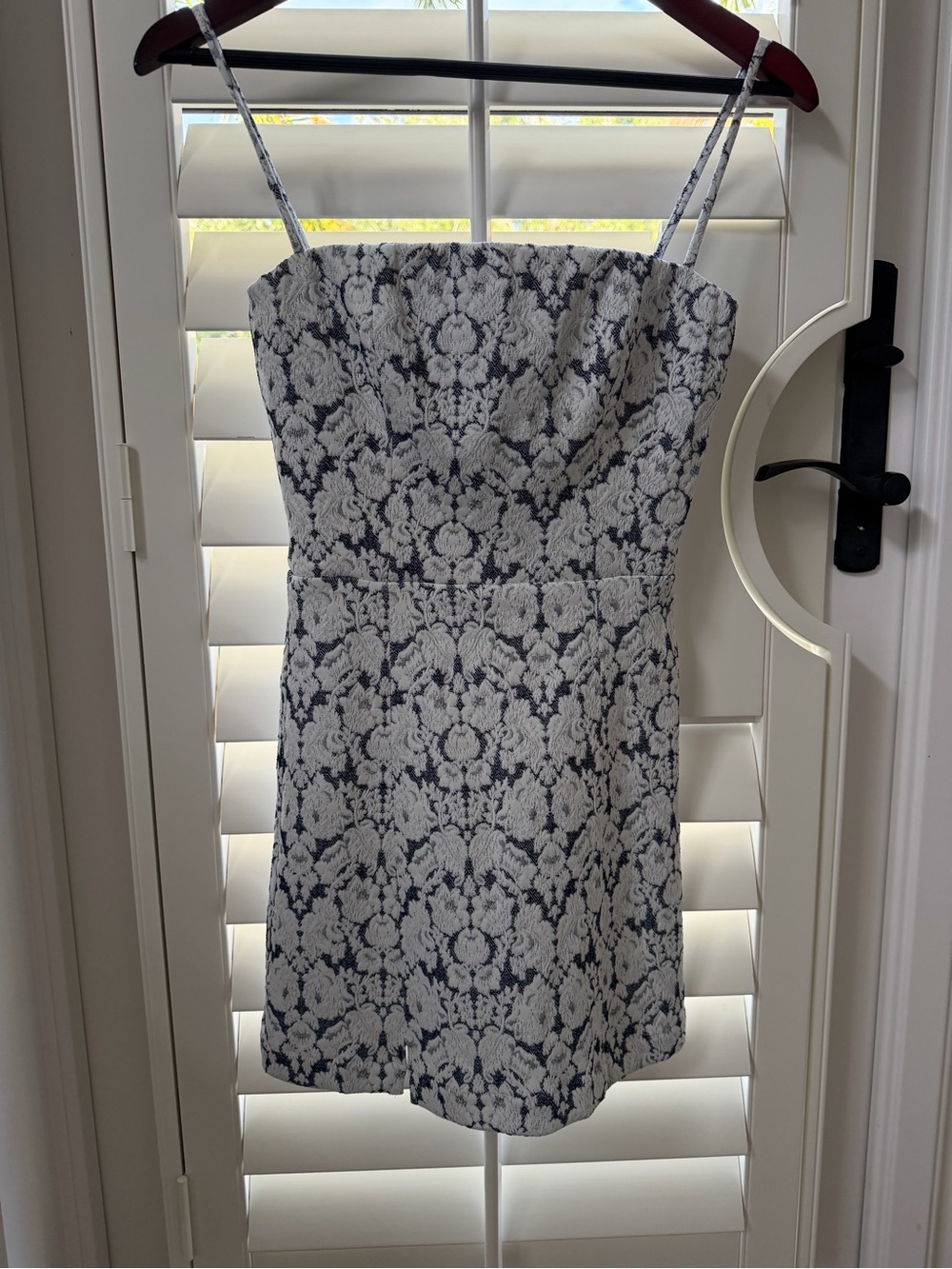Reformation Navy and White Lace-Effect Spaghetti Strap Mini Dress